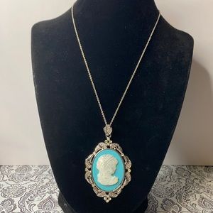 Blue & White Silver Tone Cameo Necklace